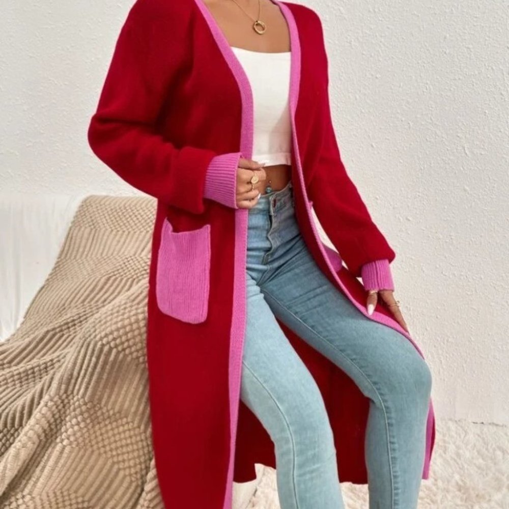 knit Open Front Colorblock Pocketed Cardigan Pink Red - Picture 5 of 10